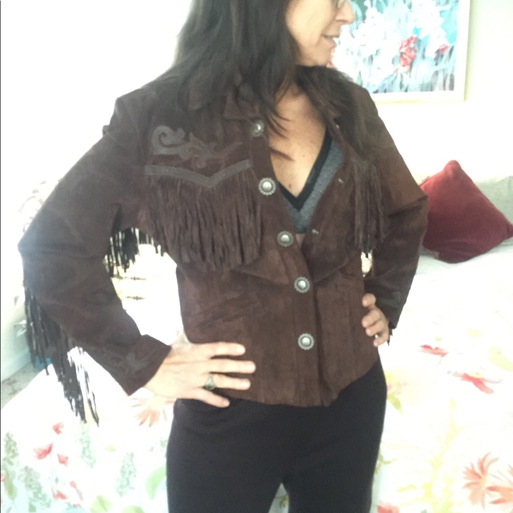 Native American Brown suede leather fringe Cripple Creek jacket.
